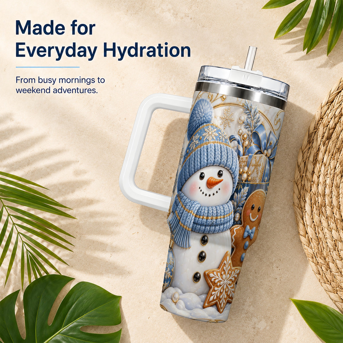 #pl[40oz|White] Snowman Gingerbread 40oz Tumbler with Handle, Holiday Travel Cup