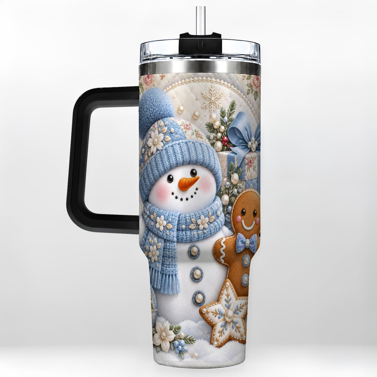 #pl[40oz|Black] Snowman Gingerbread 40oz Tumbler with Handle, Winter Stainless Steel Cup