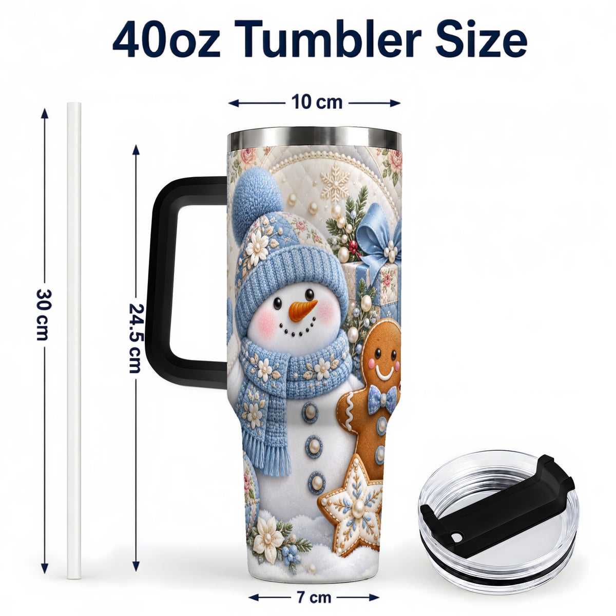 #pl[40oz|Black] Snowman Gingerbread 40oz Tumbler with Handle, Winter Stainless Steel Cup