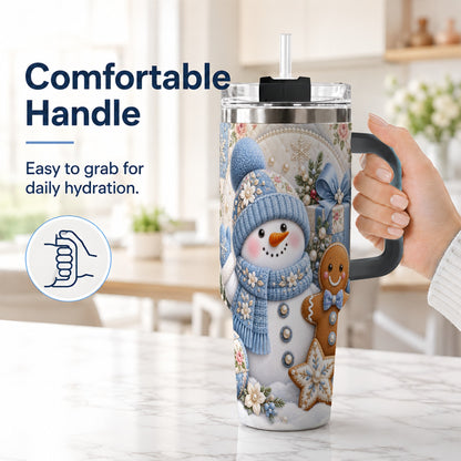 #pl[40oz|Black] Snowman Gingerbread 40oz Tumbler with Handle, Winter Stainless Steel Cup