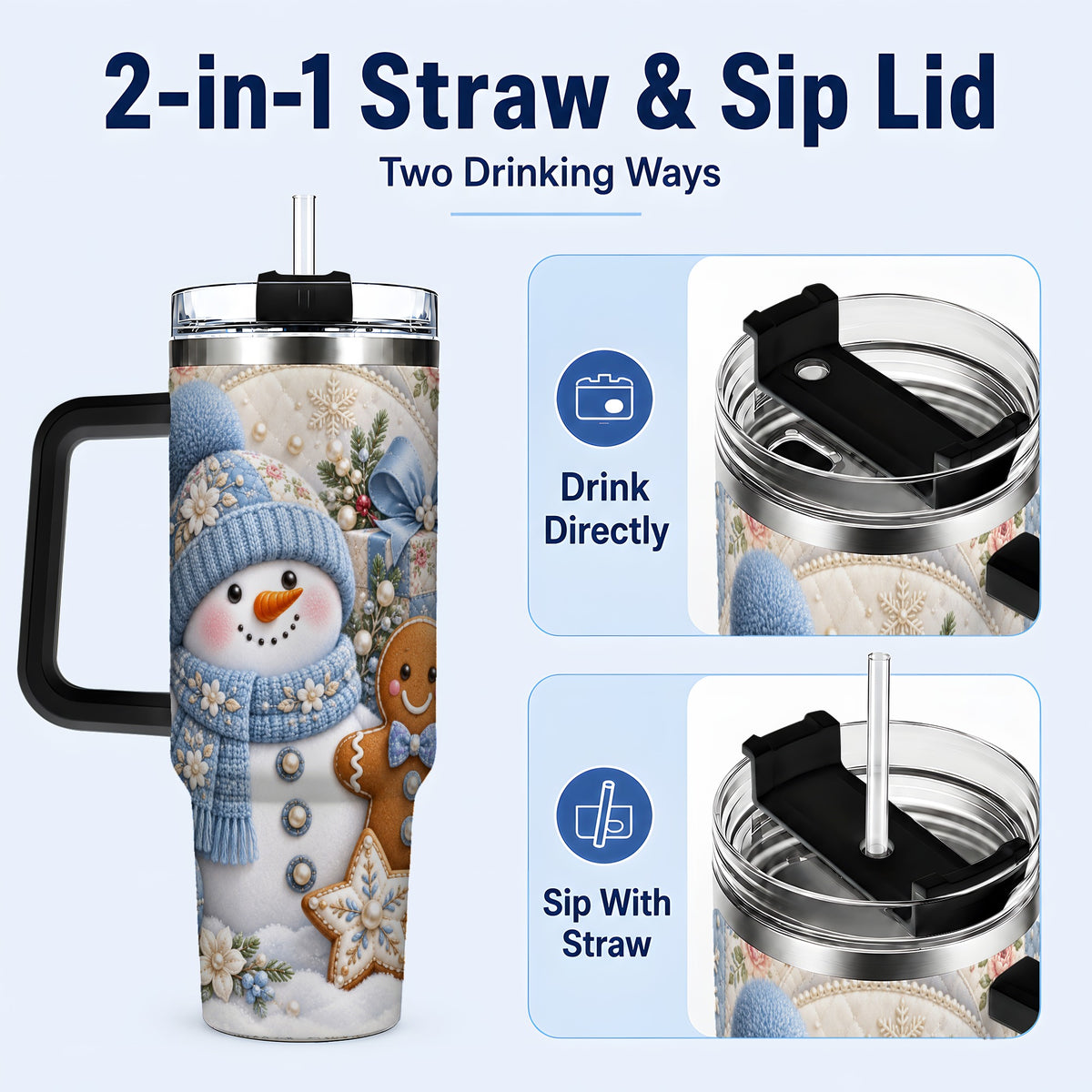#pl[40oz|Black] Snowman Gingerbread 40oz Tumbler with Handle, Winter Stainless Steel Cup