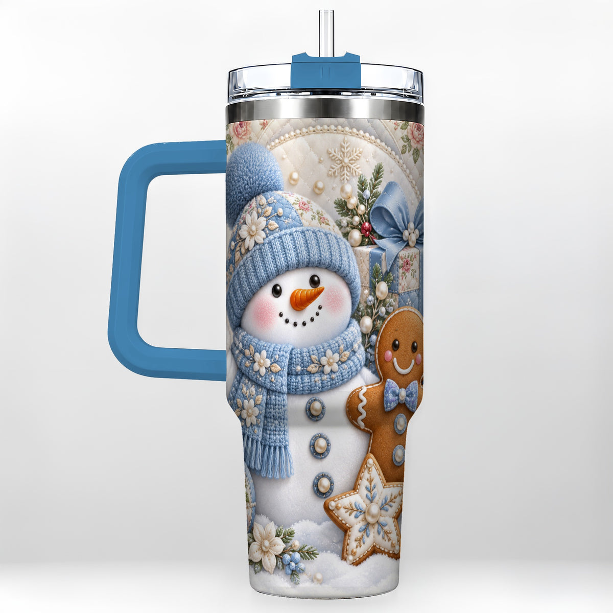 #pl[40oz|Blue] Snowman Gingerbread 40oz Tumbler with Handle, Winter Stainless Steel Cup