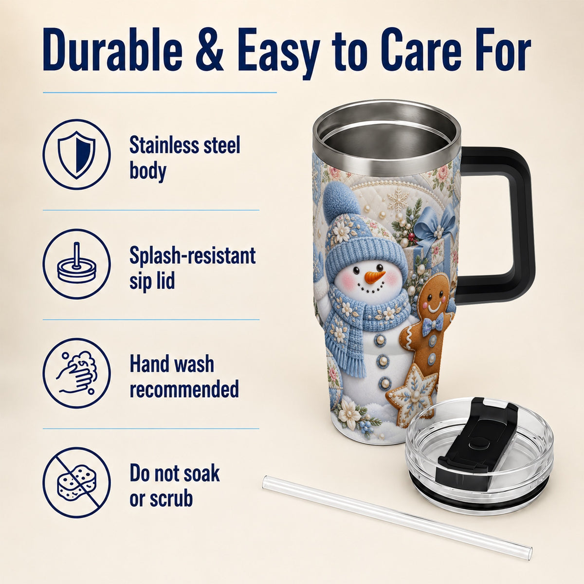 #pl[40oz|Black] Snowman Gingerbread 40oz Tumbler with Handle, Winter Stainless Steel Cup