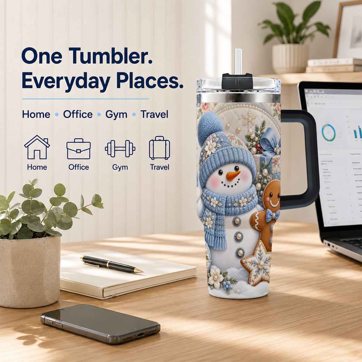 #pl[40oz|Black] Snowman Gingerbread 40oz Tumbler with Handle, Winter Stainless Steel Cup