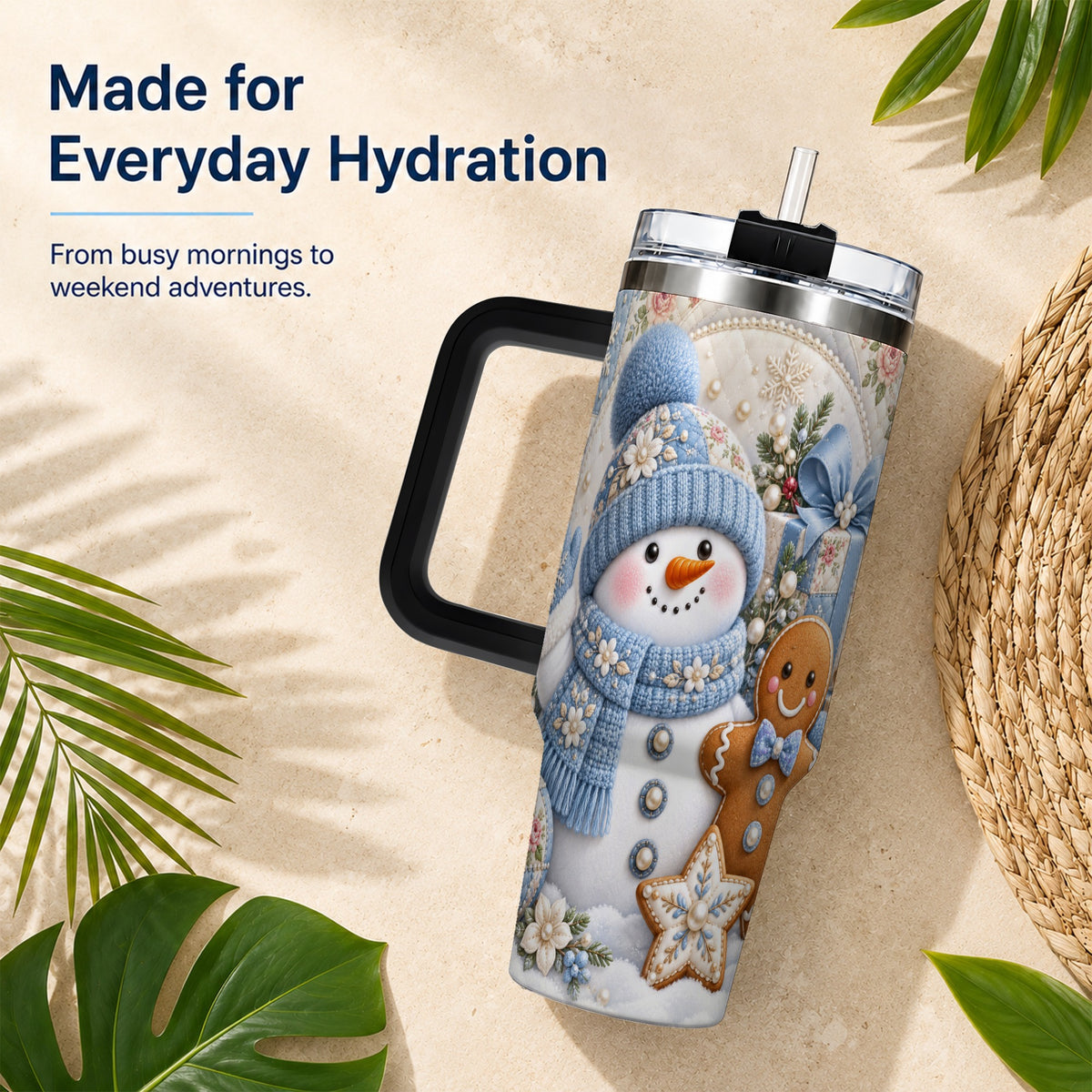 #pl[40oz|Black] Snowman Gingerbread 40oz Tumbler with Handle, Winter Stainless Steel Cup