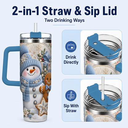 #pl[40oz|Blue] Snowman Gingerbread 40oz Tumbler with Handle, Winter Stainless Steel Cup