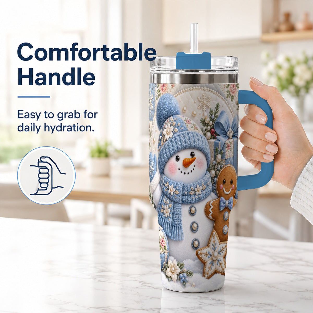 #pl[40oz|Blue] Snowman Gingerbread 40oz Tumbler with Handle, Winter Stainless Steel Cup