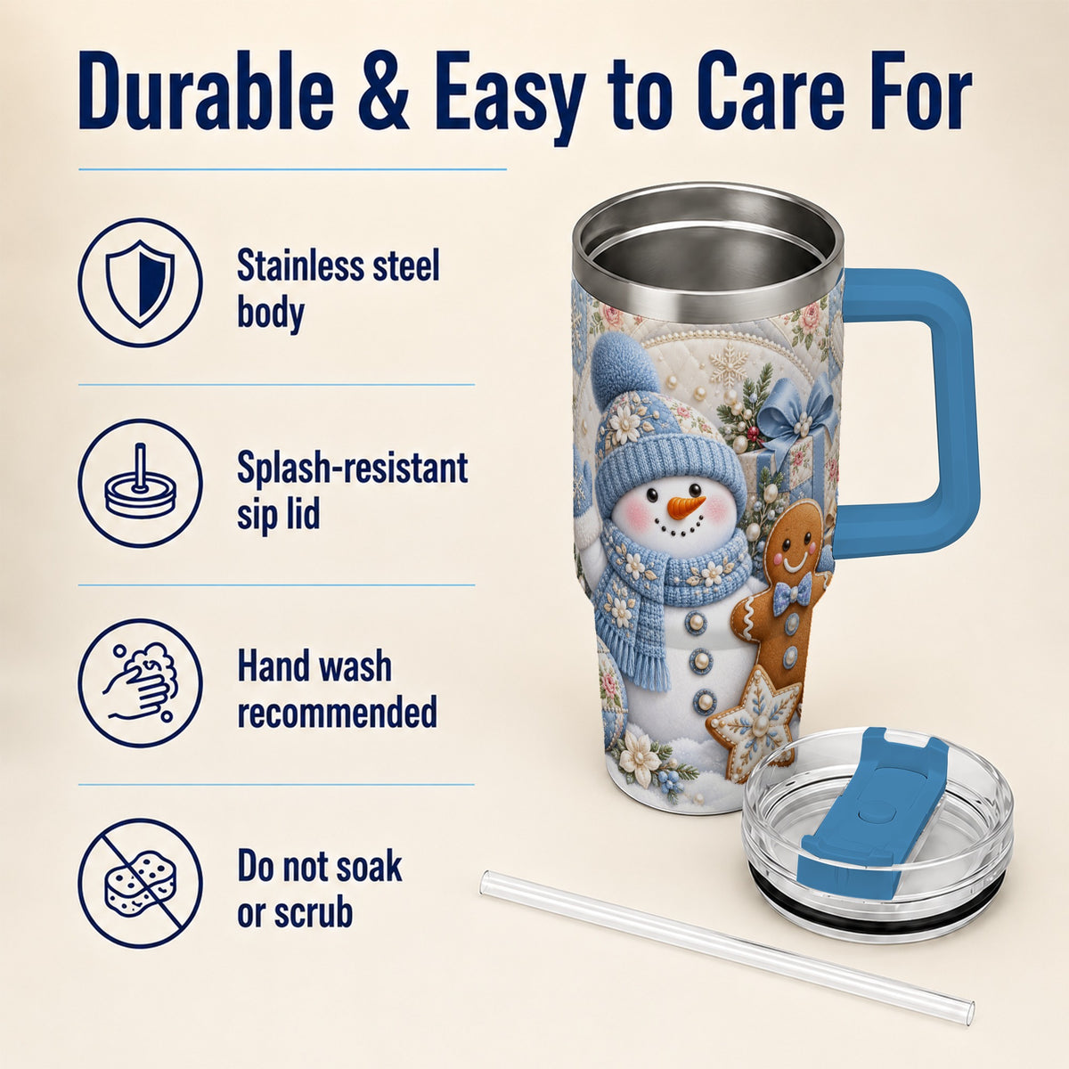 #pl[40oz|Blue] Snowman Gingerbread 40oz Tumbler with Handle, Winter Stainless Steel Cup