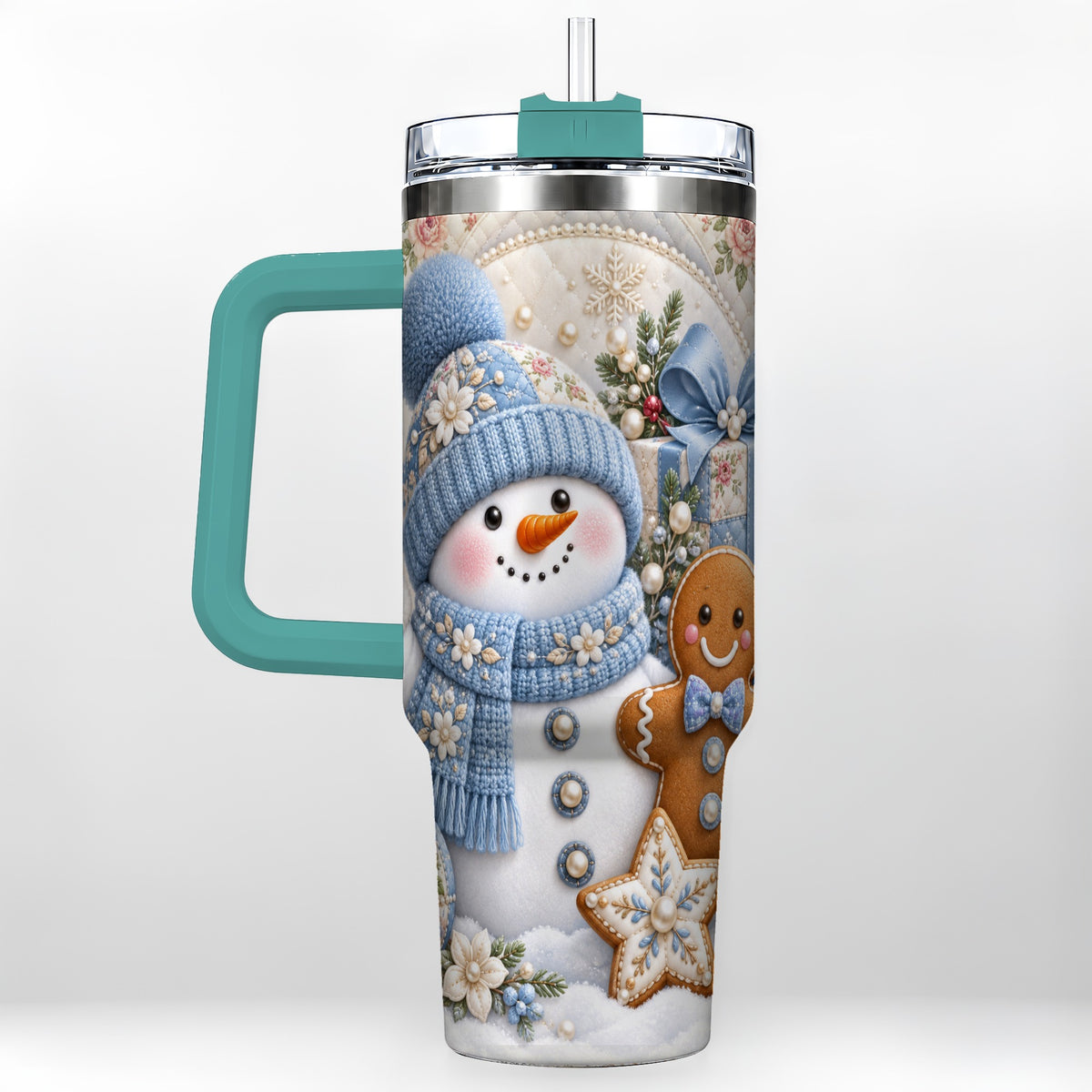 #pl[40oz|Green] Snowman Gingerbread 40oz Tumbler with Handle, Winter Stainless Steel Cup