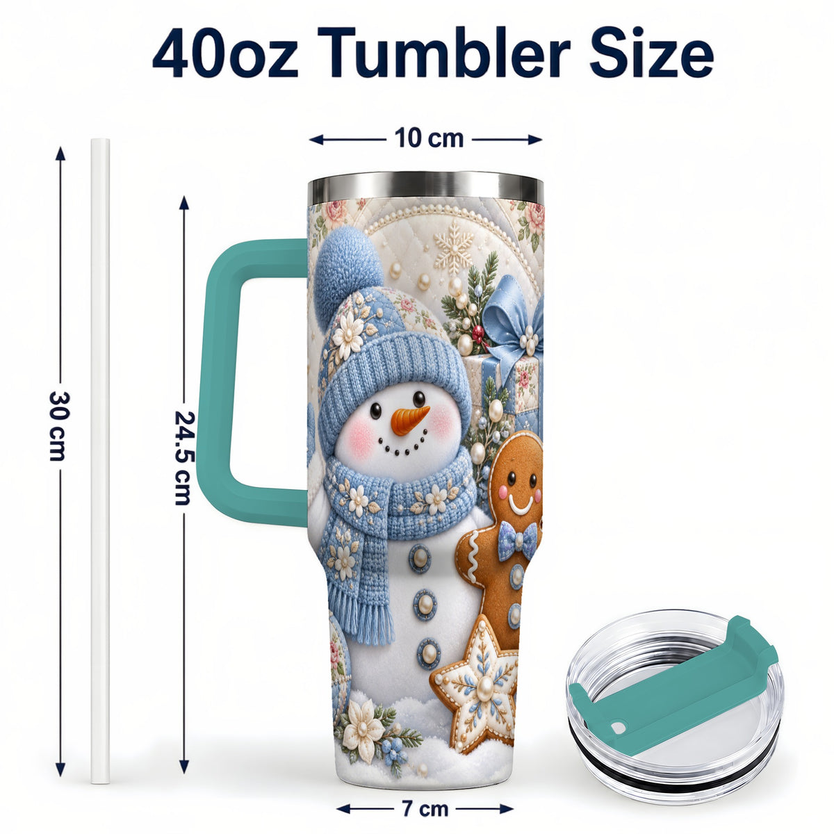 #pl[40oz|Green] Snowman Gingerbread 40oz Tumbler with Handle, Winter Stainless Steel Cup