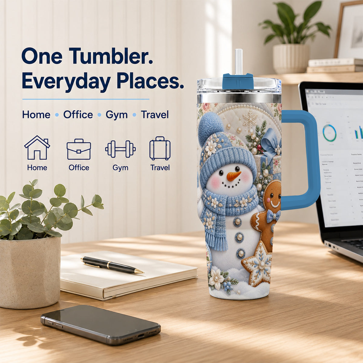 #pl[40oz|Blue] Snowman Gingerbread 40oz Tumbler with Handle, Winter Stainless Steel Cup