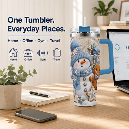 #pl[40oz|Blue] Snowman Gingerbread 40oz Tumbler with Handle, Winter Stainless Steel Cup