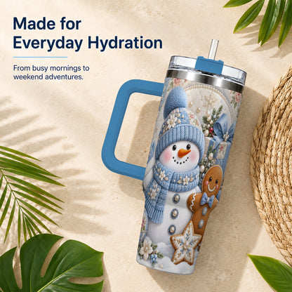 #pl[40oz|Blue] Snowman Gingerbread 40oz Tumbler with Handle, Winter Stainless Steel Cup