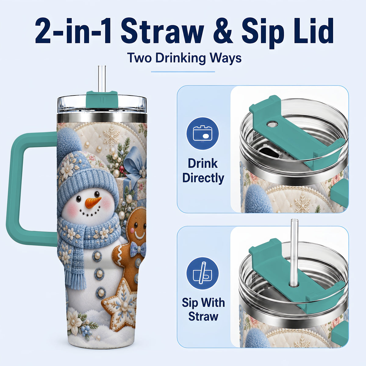 #pl[40oz|Green] Snowman Gingerbread 40oz Tumbler with Handle, Winter Stainless Steel Cup