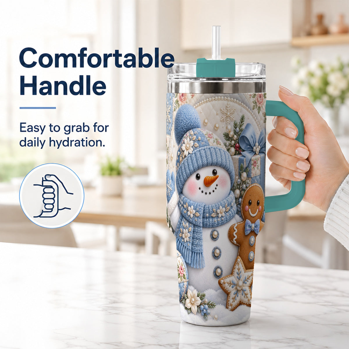 #pl[40oz|Green] Snowman Gingerbread 40oz Tumbler with Handle, Winter Stainless Steel Cup