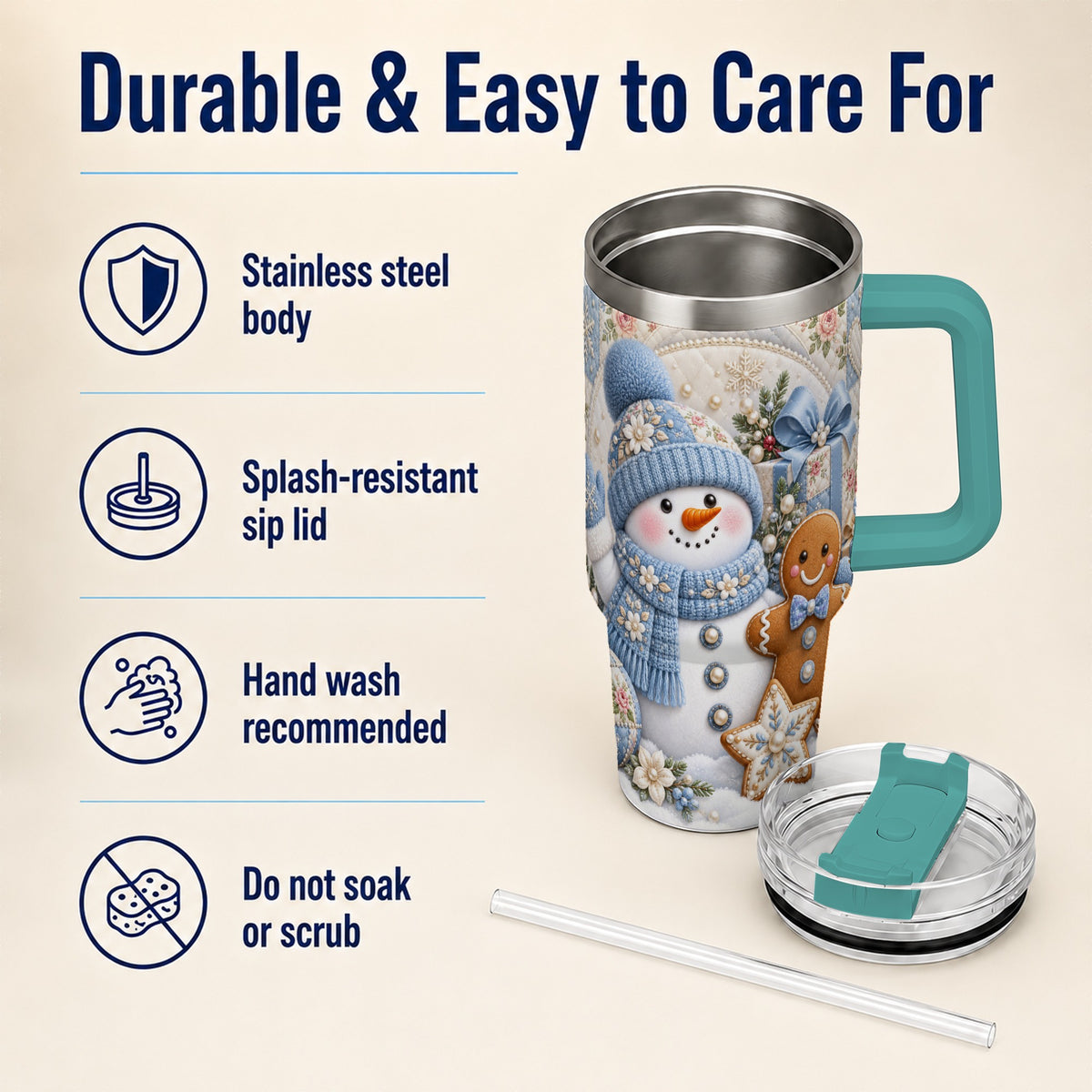 #pl[40oz|Green] Snowman Gingerbread 40oz Tumbler with Handle, Winter Stainless Steel Cup
