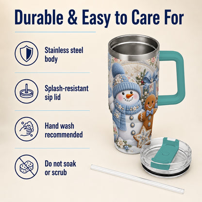 #pl[40oz|Green] Snowman Gingerbread 40oz Tumbler with Handle, Winter Stainless Steel Cup