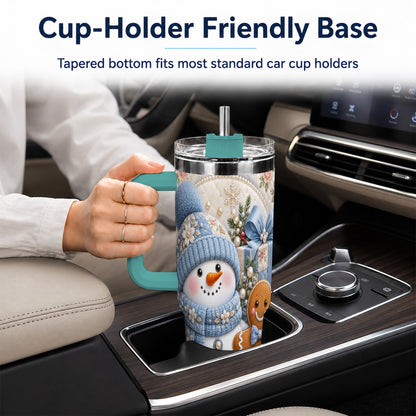 #pl[40oz|Green] Snowman Gingerbread 40oz Tumbler with Handle, Winter Stainless Steel Cup