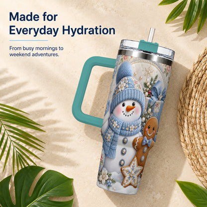 #pl[40oz|Green] Snowman Gingerbread 40oz Tumbler with Handle, Winter Stainless Steel Cup