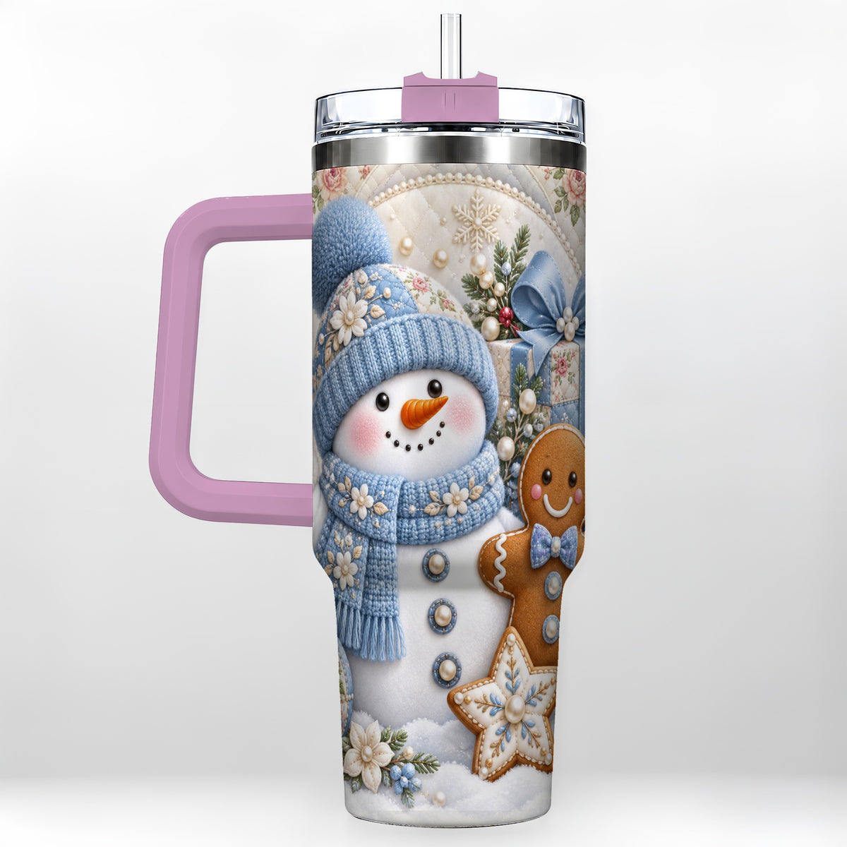 #pl[40oz|Pink] Snowman Gingerbread 40oz Tumbler with Handle, Winter Stainless Steel Cup