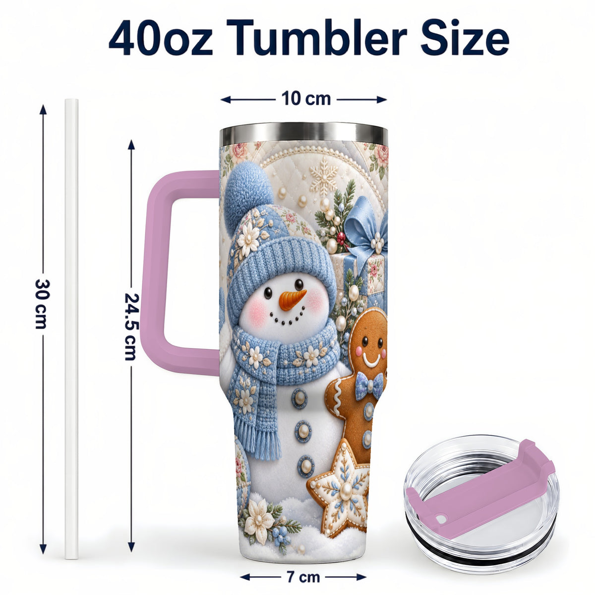#pl[40oz|Pink] Snowman Gingerbread 40oz Tumbler with Handle, Winter Stainless Steel Cup