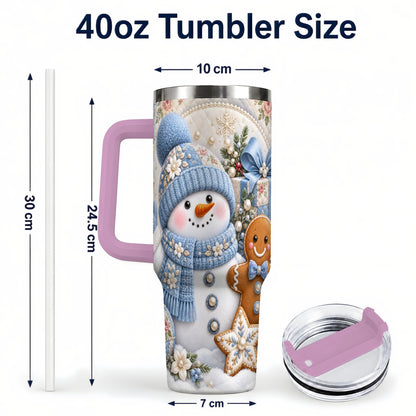 #pl[40oz|Pink] Snowman Gingerbread 40oz Tumbler with Handle, Winter Stainless Steel Cup