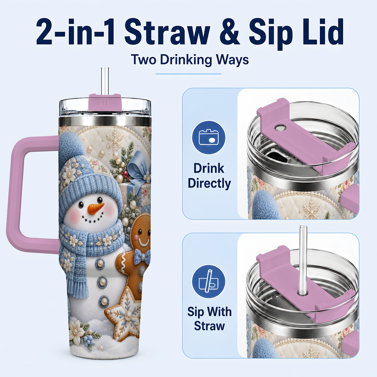 #pl[40oz|Pink] Snowman Gingerbread 40oz Tumbler with Handle, Winter Stainless Steel Cup