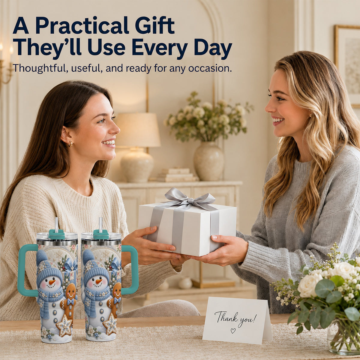 #pl[40oz|Green] Snowman Gingerbread 40oz Tumbler with Handle, Winter Stainless Steel Cup