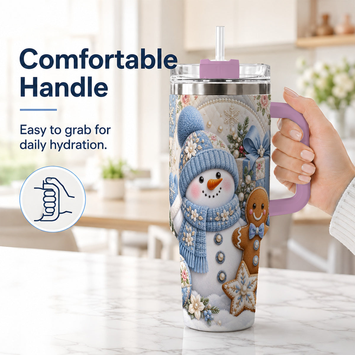 #pl[40oz|Pink] Snowman Gingerbread 40oz Tumbler with Handle, Winter Stainless Steel Cup