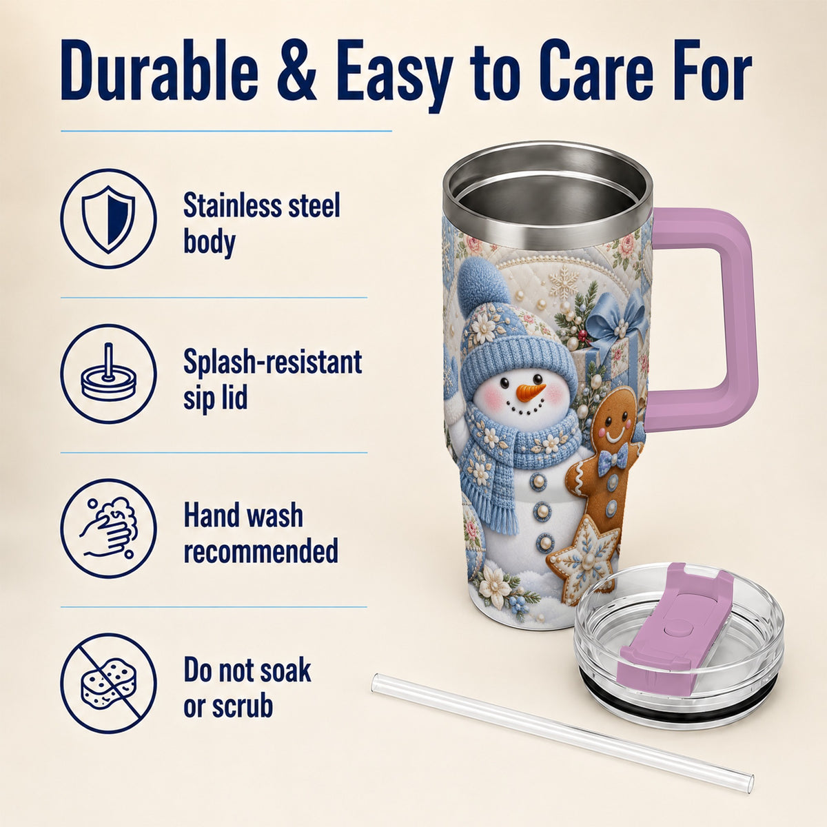 #pl[40oz|Pink] Snowman Gingerbread 40oz Tumbler with Handle, Winter Stainless Steel Cup