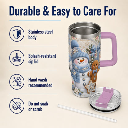 #pl[40oz|Pink] Snowman Gingerbread 40oz Tumbler with Handle, Winter Stainless Steel Cup
