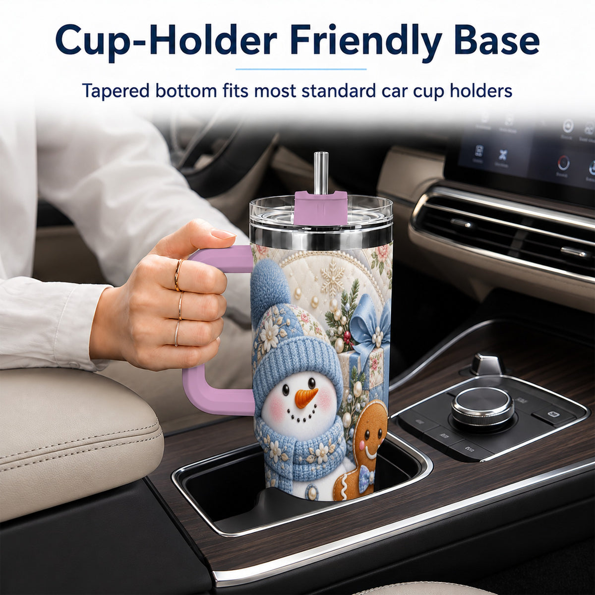 #pl[40oz|Pink] Snowman Gingerbread 40oz Tumbler with Handle, Winter Stainless Steel Cup
