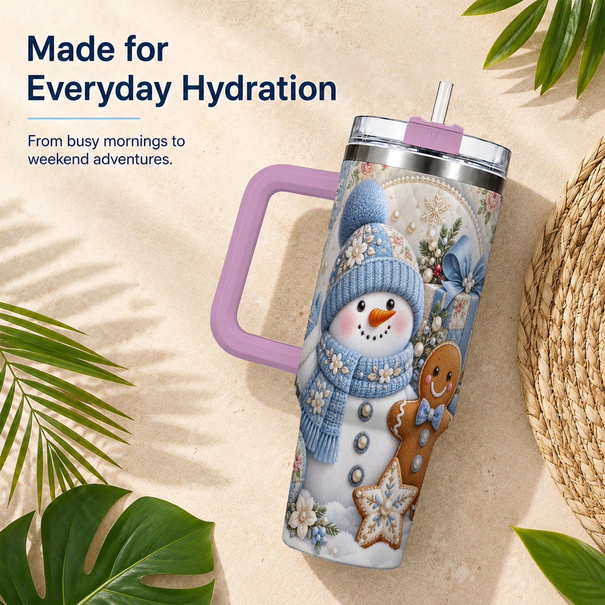 #pl[40oz|Pink] Snowman Gingerbread 40oz Tumbler with Handle, Winter Stainless Steel Cup
