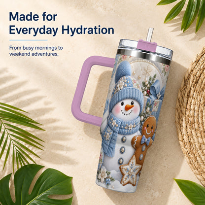 #pl[40oz|Pink] Snowman Gingerbread 40oz Tumbler with Handle, Winter Stainless Steel Cup