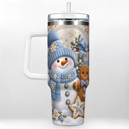 Snowman Gingerbread 40oz Tumbler with Handle, Winter Stainless Steel Cup