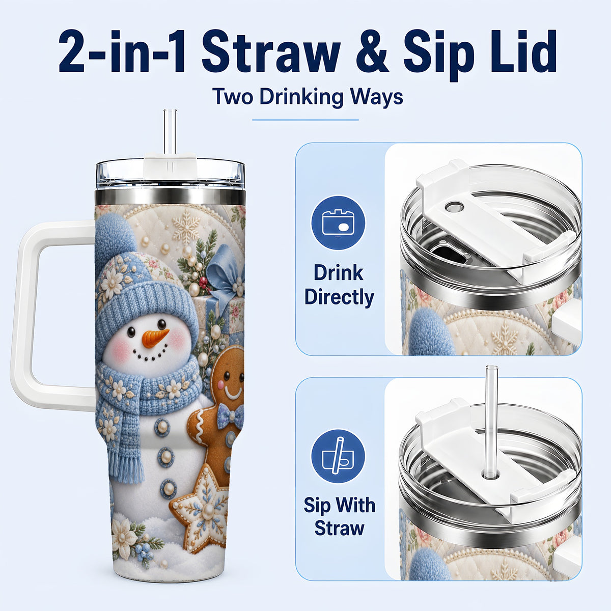 #pl[40oz|White] Snowman Gingerbread 40oz Tumbler with Handle, Winter Stainless Steel Cup