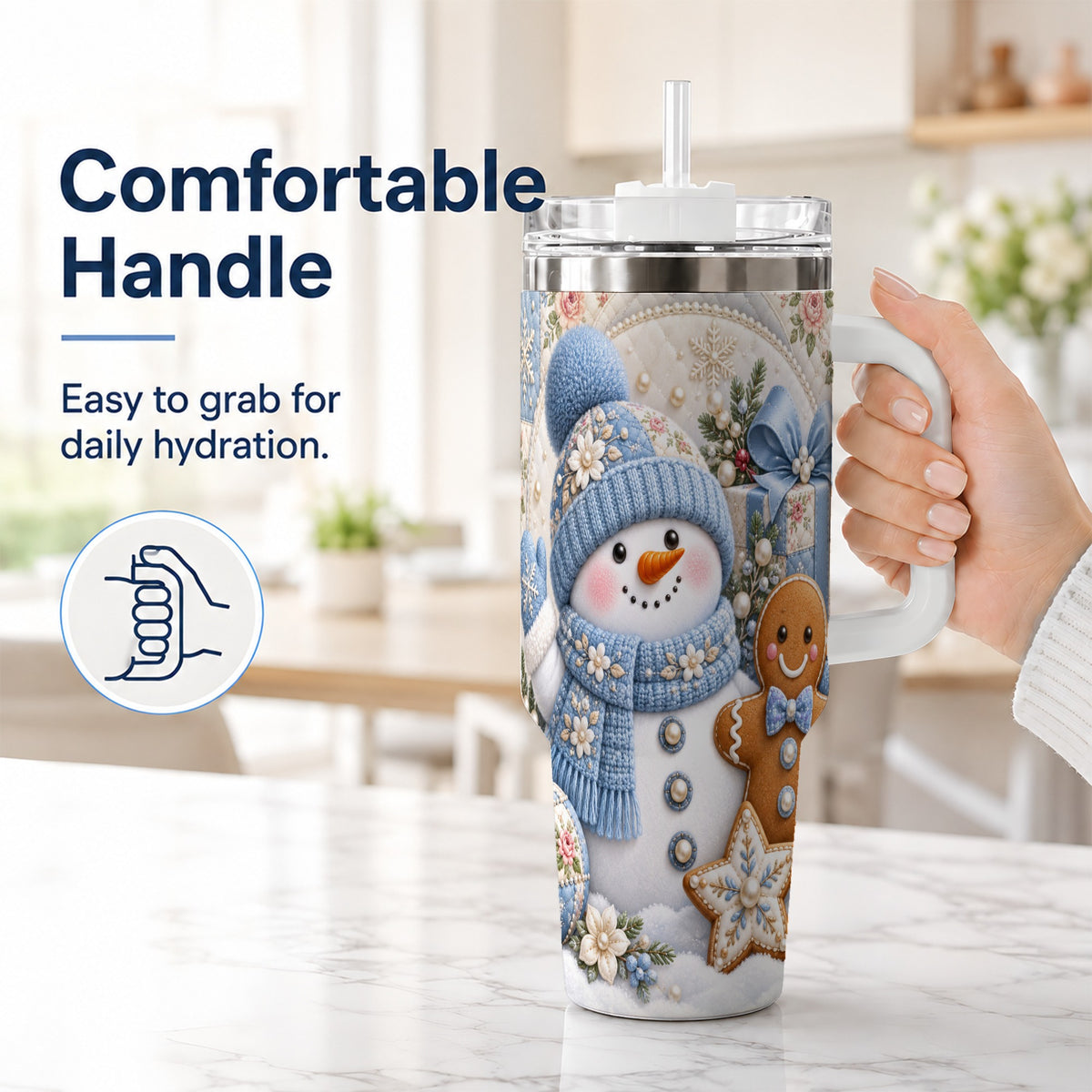 #pl[40oz|White] Snowman Gingerbread 40oz Tumbler with Handle, Winter Stainless Steel Cup