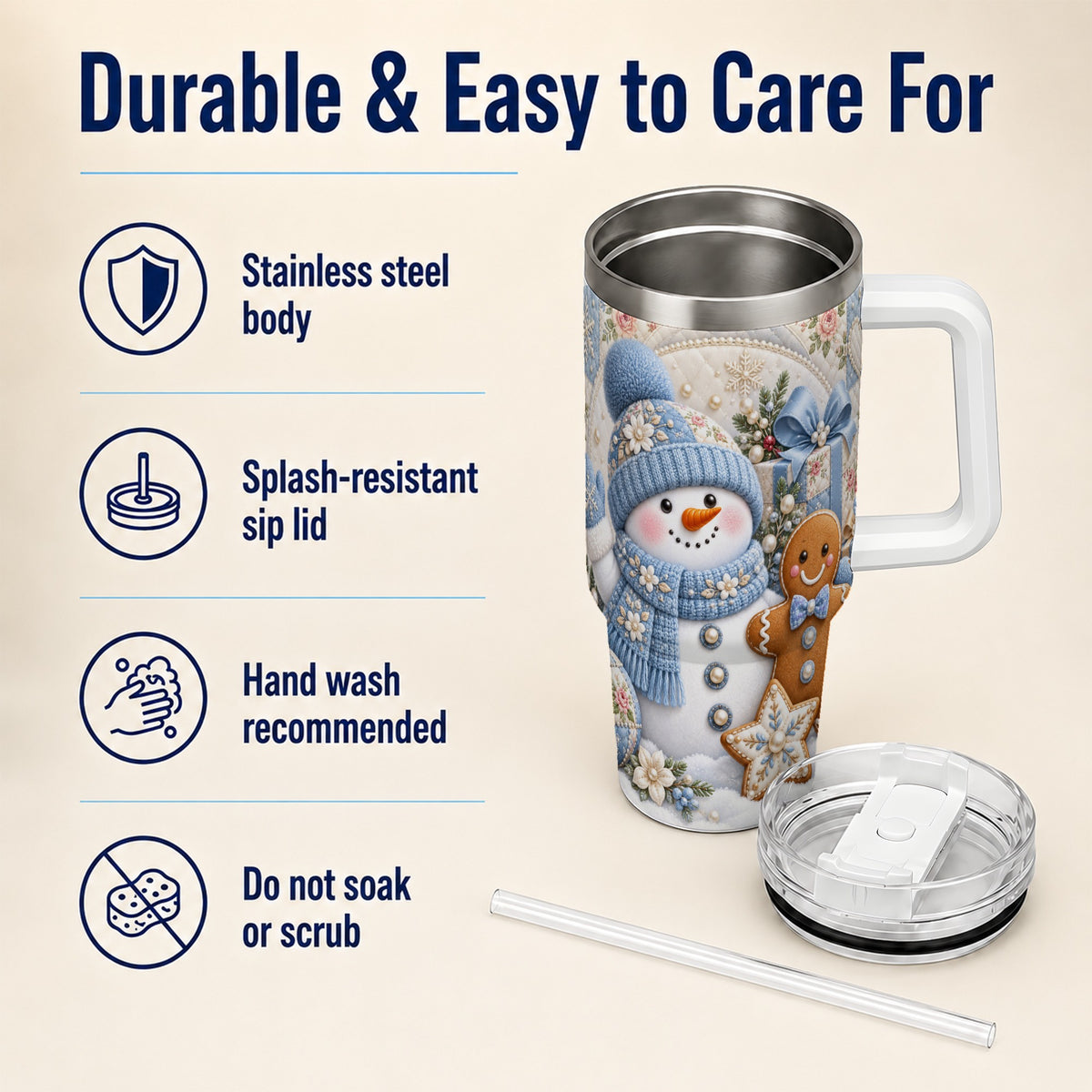 #pl[40oz|White] Snowman Gingerbread 40oz Tumbler with Handle, Winter Stainless Steel Cup