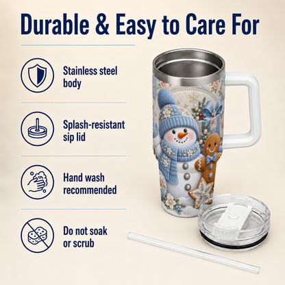 #pl[40oz|White] Snowman Gingerbread 40oz Tumbler with Handle, Winter Stainless Steel Cup