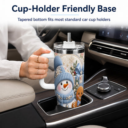 #pl[40oz|White] Snowman Gingerbread 40oz Tumbler with Handle, Winter Stainless Steel Cup