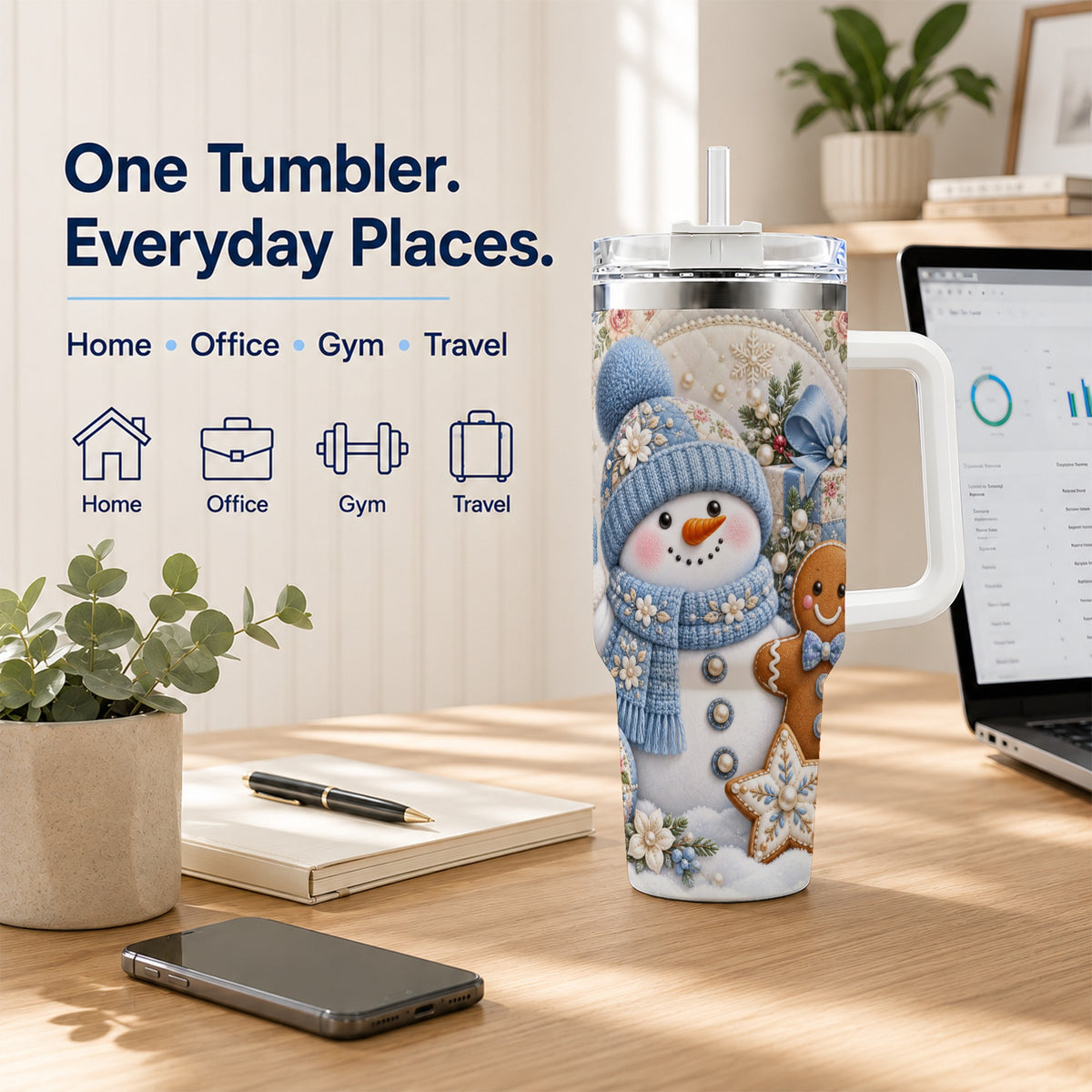 #pl[40oz|White] Snowman Gingerbread 40oz Tumbler with Handle, Winter Stainless Steel Cup