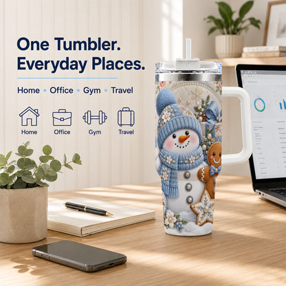 #pl[40oz|White] Snowman Gingerbread 40oz Tumbler with Handle, Winter Stainless Steel Cup