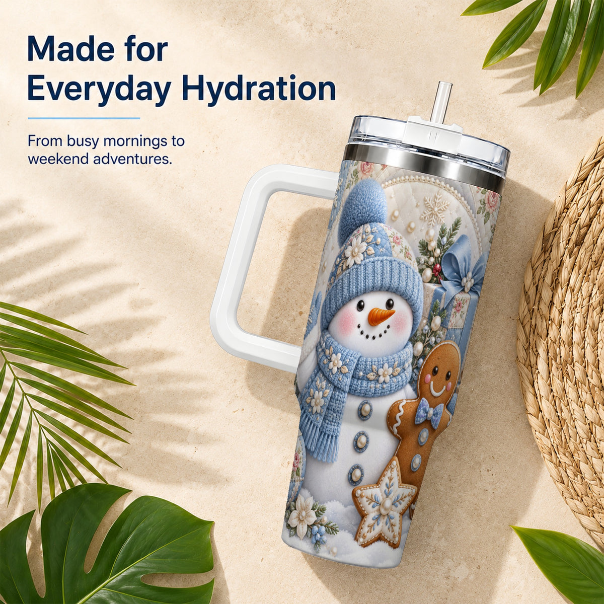 #pl[40oz|White] Snowman Gingerbread 40oz Tumbler with Handle, Winter Stainless Steel Cup