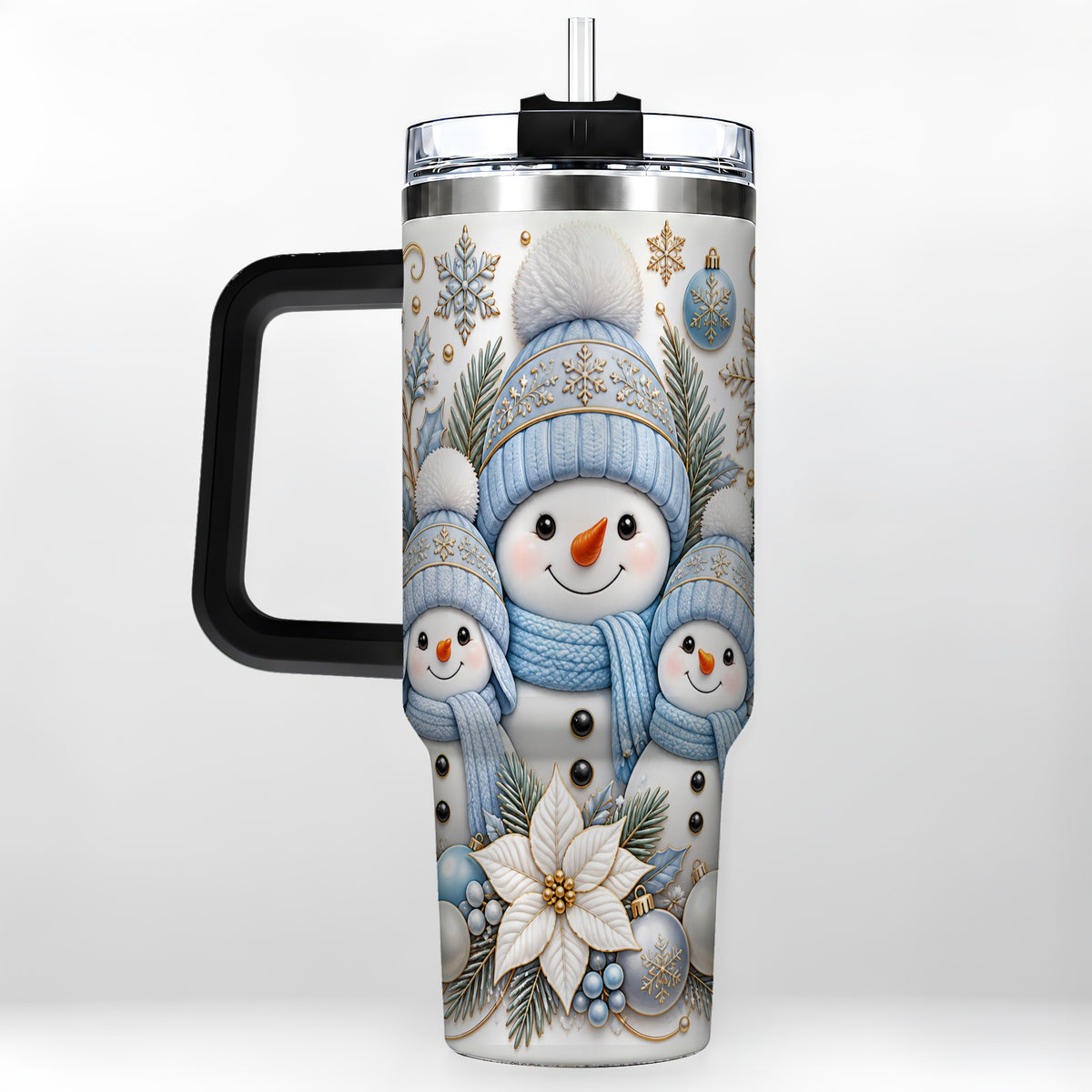 #pl[40oz|Black] Snowman Family 40oz Tumbler with Handle, Winter Stainless Steel Cup