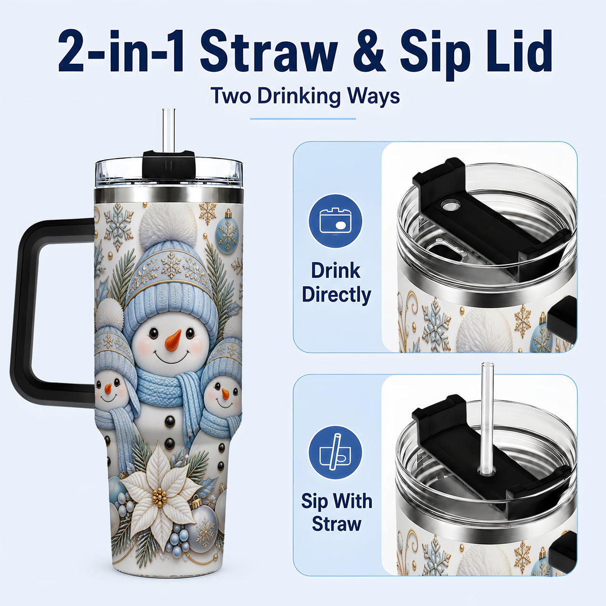 #pl[40oz|Black] Snowman Family 40oz Tumbler with Handle, Winter Stainless Steel Cup