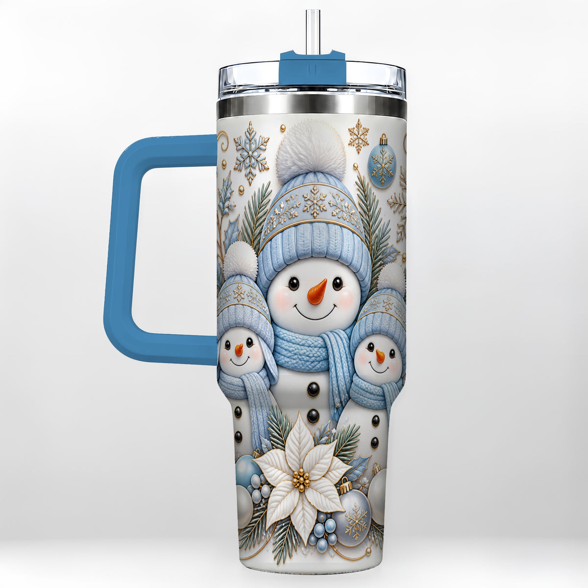 #pl[40oz|Blue] Snowman Family 40oz Tumbler with Handle, Winter Stainless Steel Cup