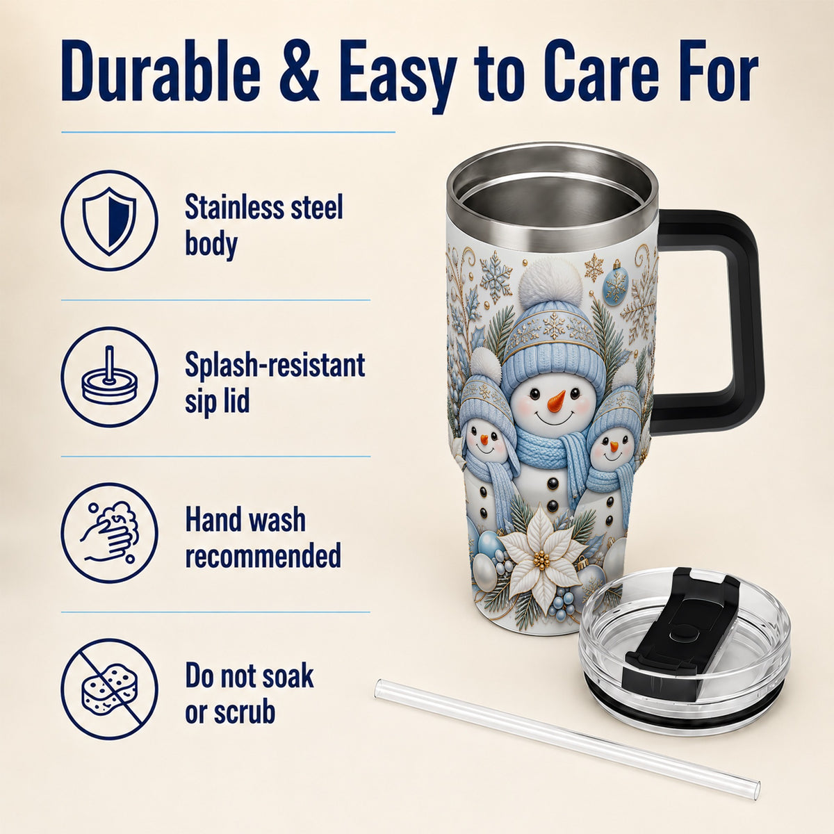#pl[40oz|Black] Snowman Family 40oz Tumbler with Handle, Winter Stainless Steel Cup