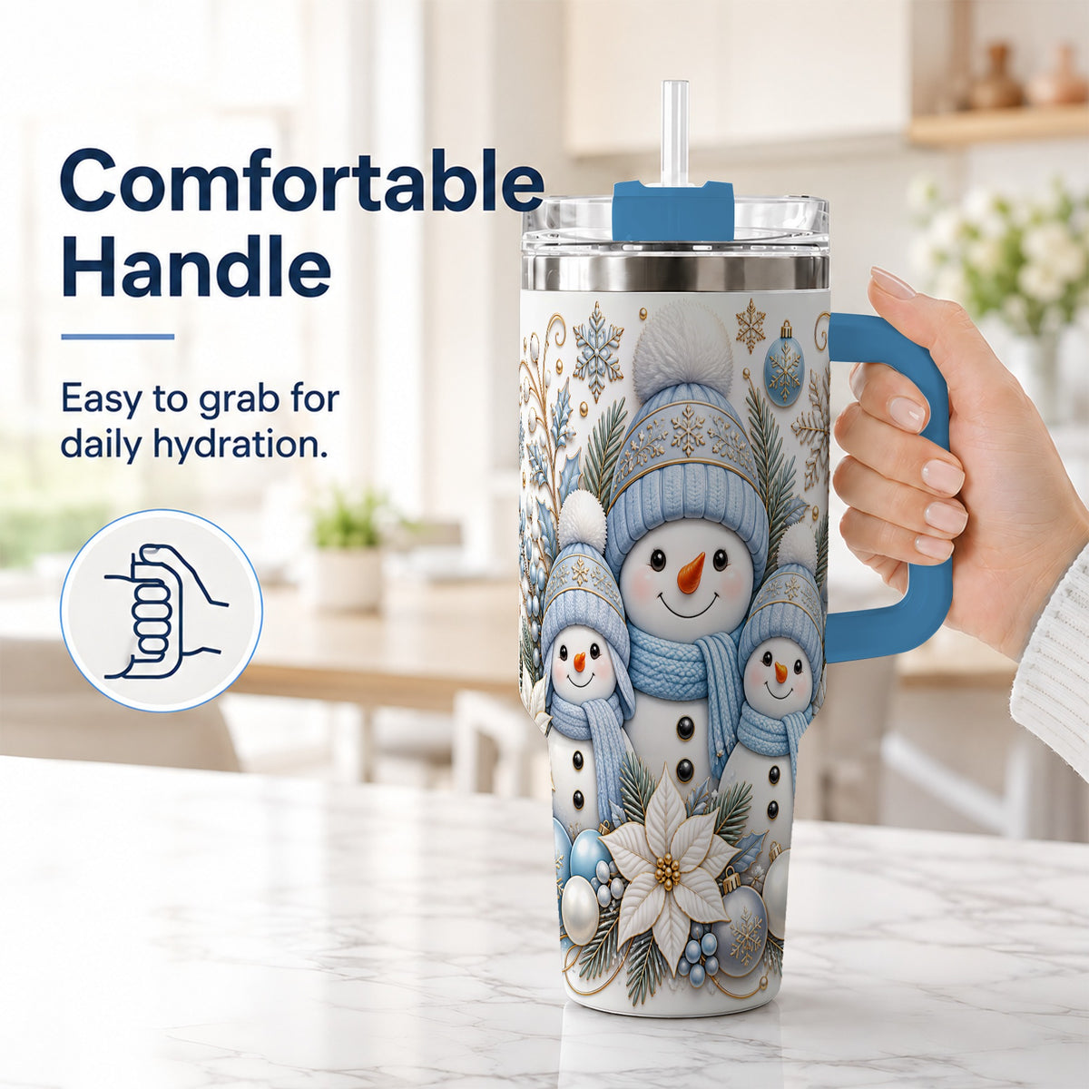 #pl[40oz|Blue] Snowman Family 40oz Tumbler with Handle, Winter Stainless Steel Cup