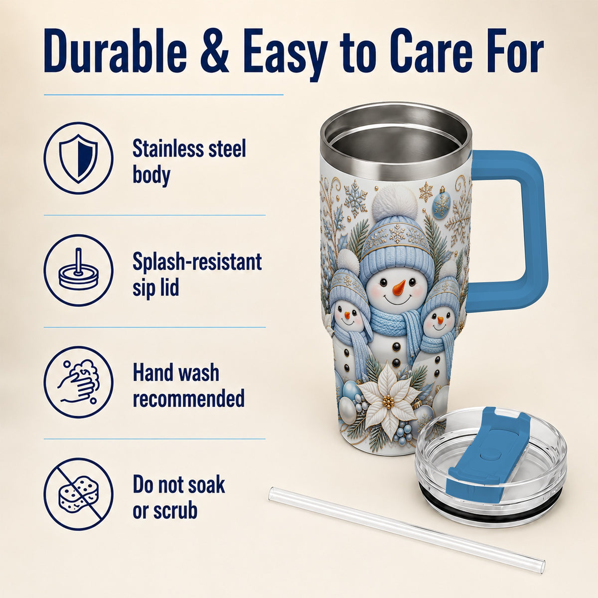 #pl[40oz|Blue] Snowman Family 40oz Tumbler with Handle, Winter Stainless Steel Cup