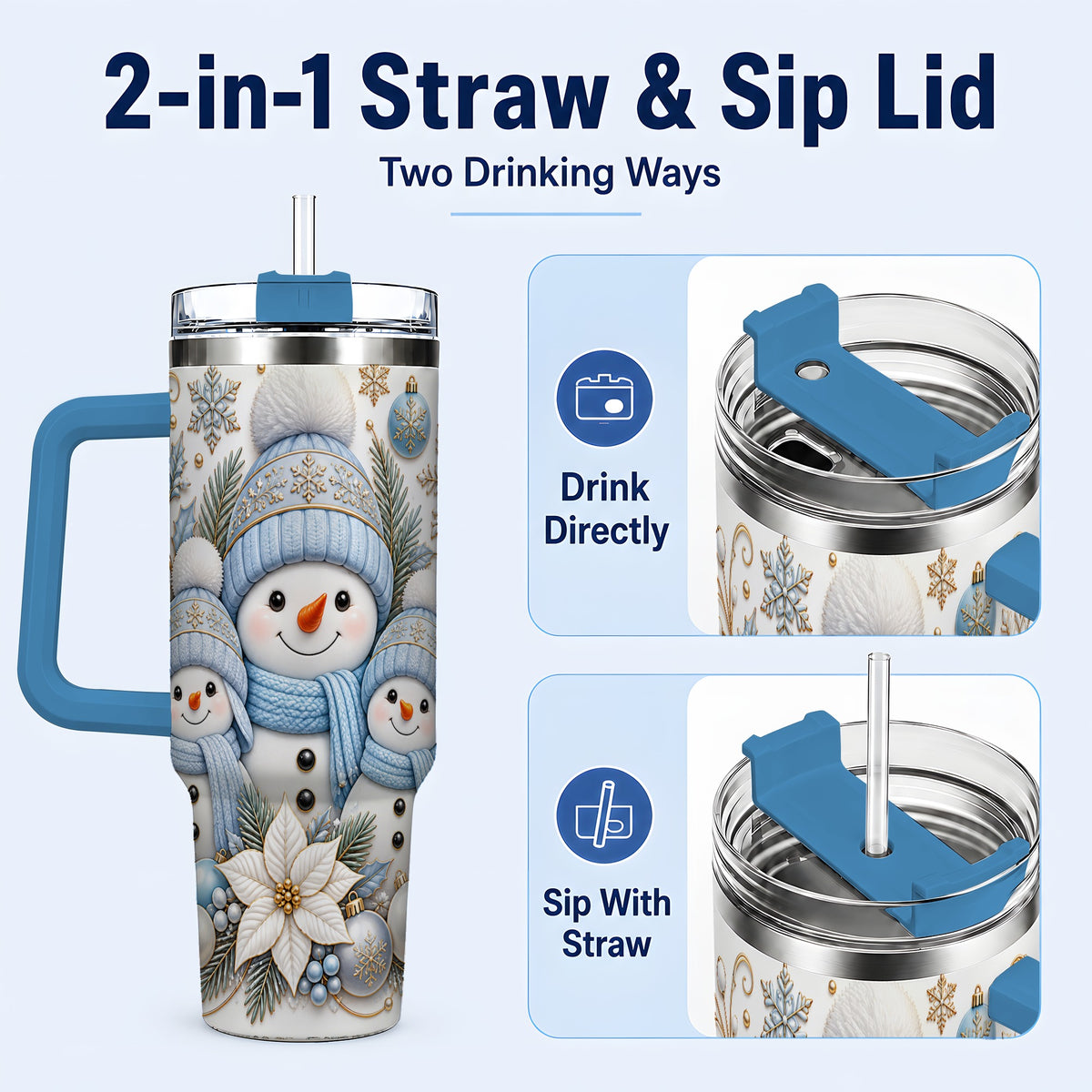 #pl[40oz|Blue] Snowman Family 40oz Tumbler with Handle, Winter Stainless Steel Cup